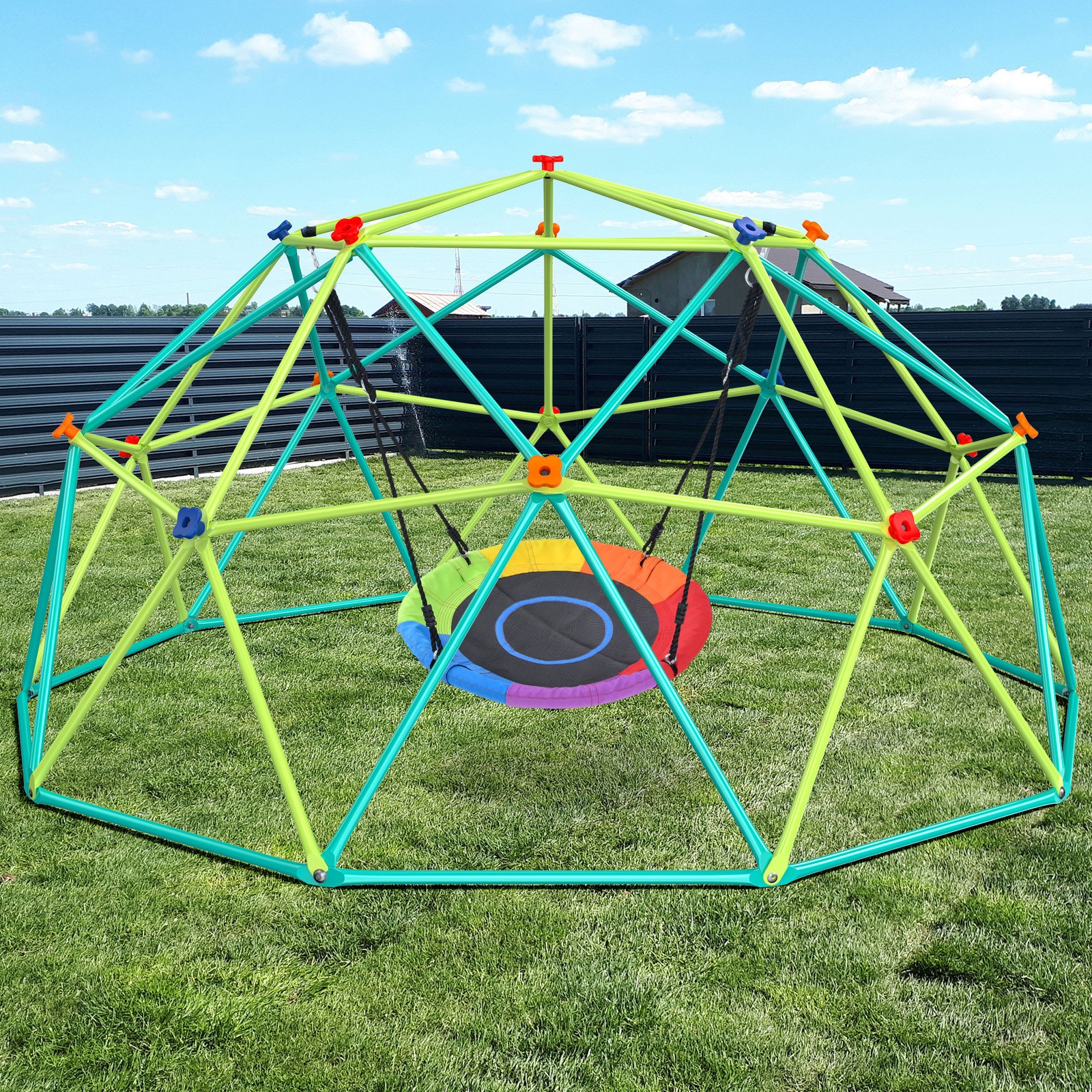 Hapfan 10ft Climbing Dome Swingset w/ Saucer Swing Jungle Gym for Kids Backyard