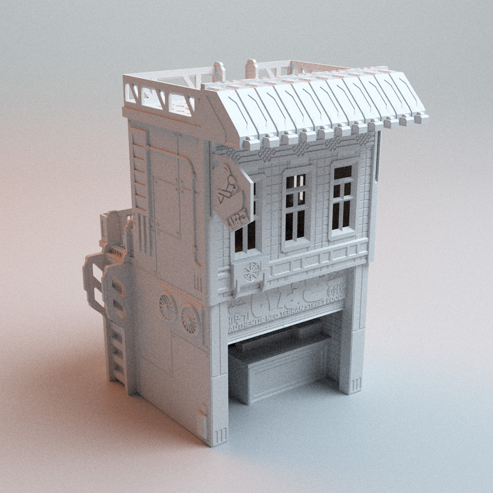 28mm Cyberpunk Eateries Bundle 2 Buildings Sci-Fi Terrain Removable Floors