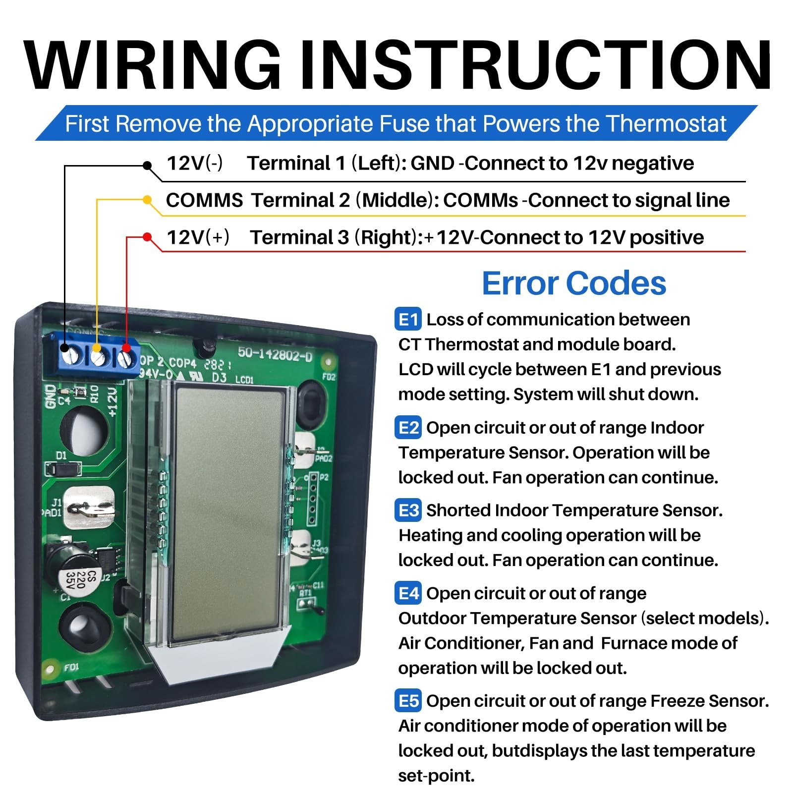 Upgraded 3-Wire RV Thermostat, 12VDC Digital Wall Control, Touch-Sensitive, Blue