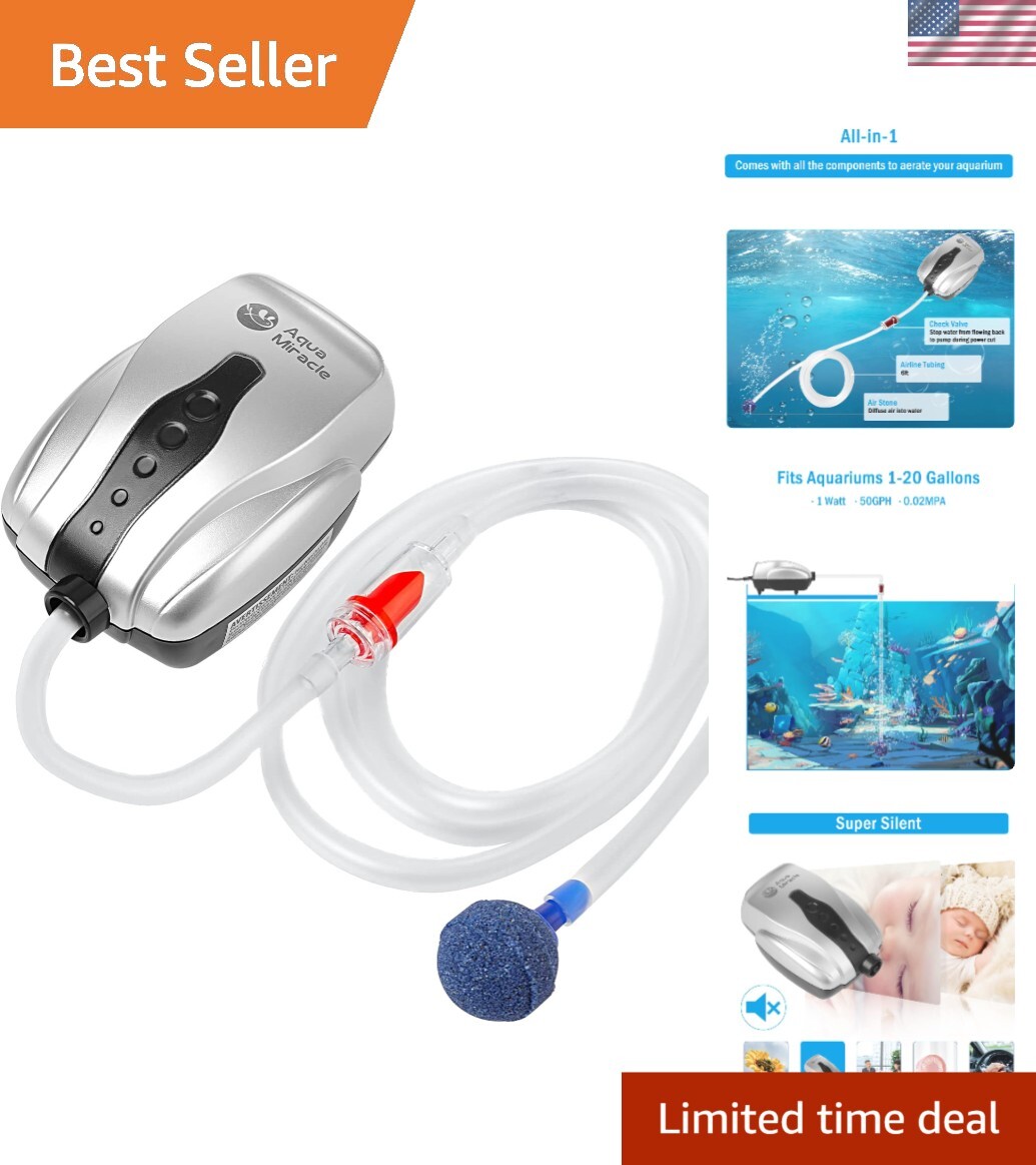 AquaMiracle Aquarium Air Pump Fish Tank Bubbler Aerator, All-in-One Grey