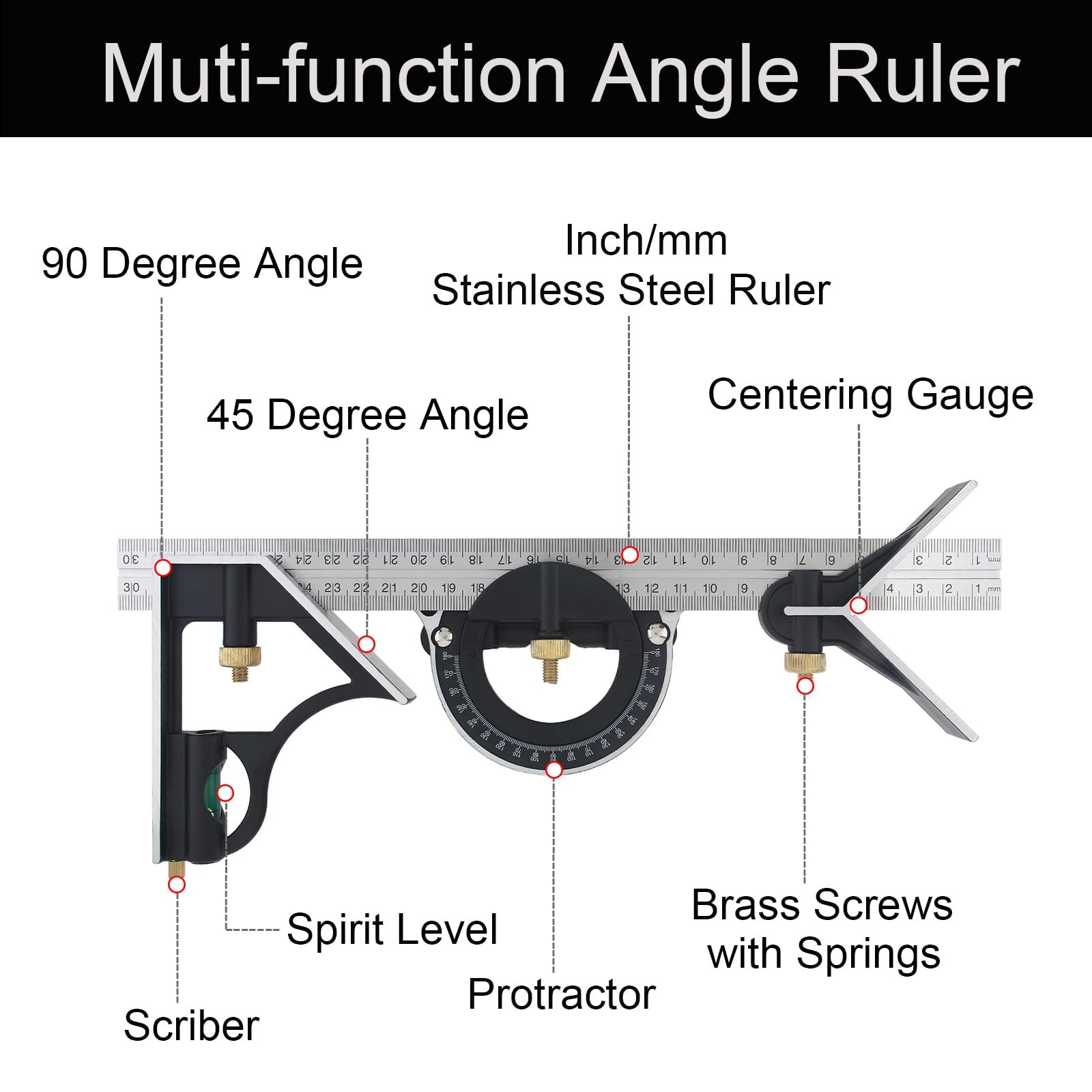 12" Adjustable Sliding Combination Square Ruler & Protractor Level Measure Me...