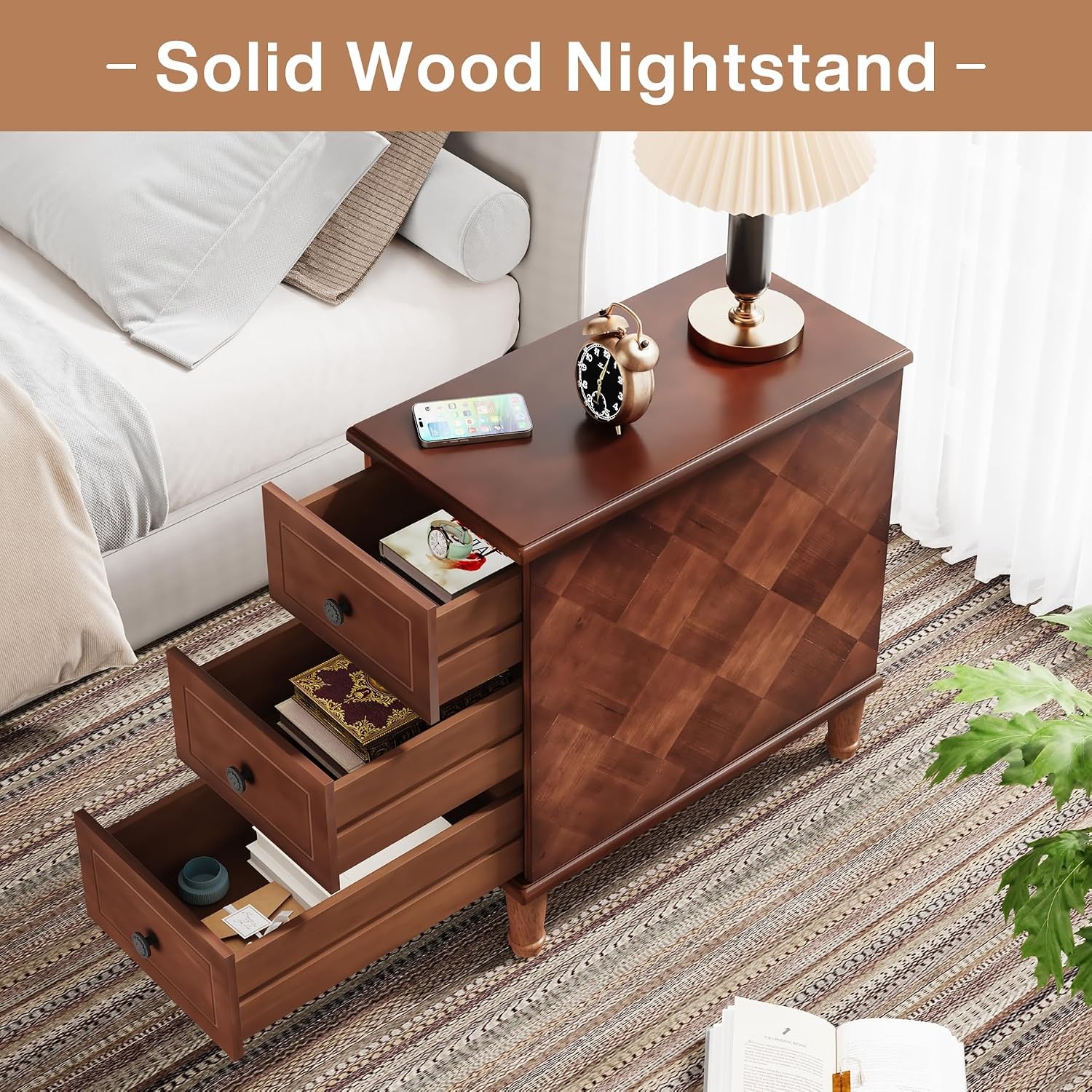 Solid Wood End Table – Narrow Side Table with Drawers