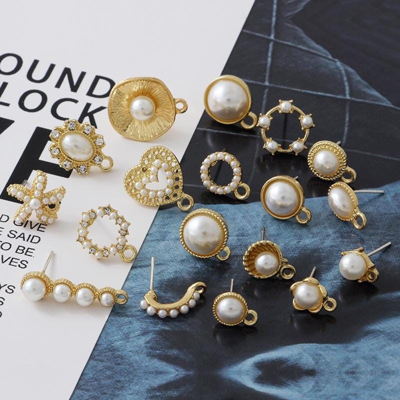 2Pairs Gold Tone Faux Pearl Heart Earrings Connector Component 12X13mm GJS614