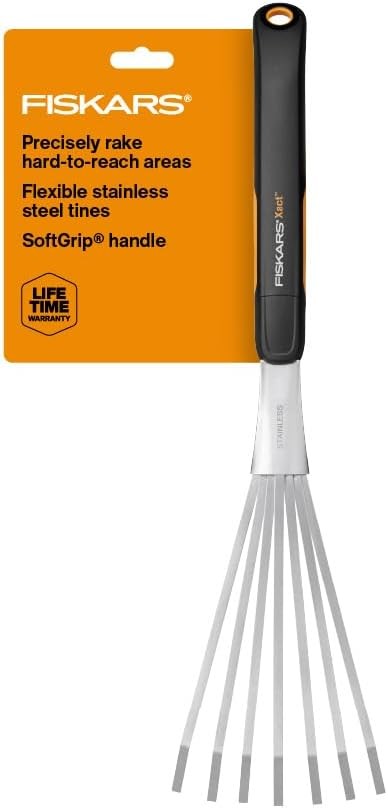 FiskarsXact Hand Rake Heavy Duty Gardening Tool Ergonomic Handle Stainless Steel