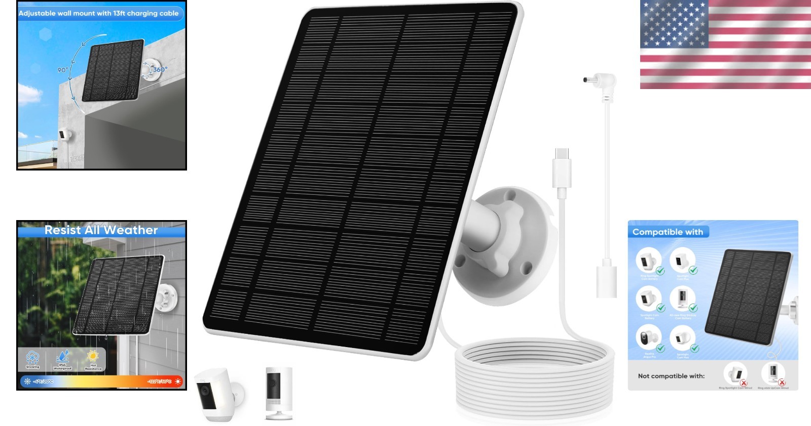Solar Panel for Ring Camera(2nd Generation) Dustproof Waterproof 5W Solar Panel