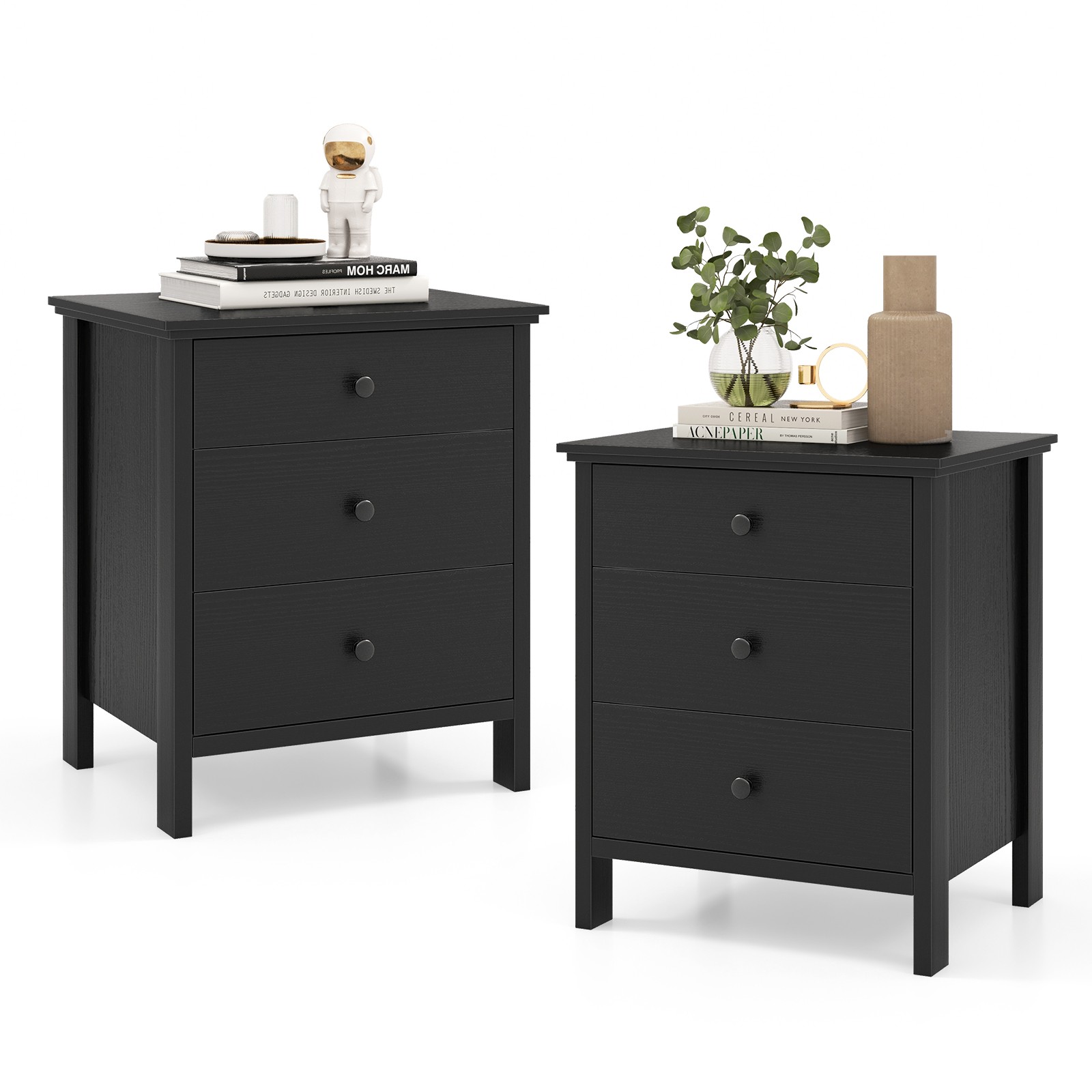 Topbuy 2 PCS 3Drawers Modern Nightstand Bedside Table Wooden End Table