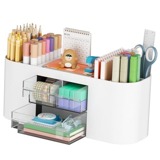Desk Organizer Pen Holder for Desk with 3 Drawers, Multi-Functional White