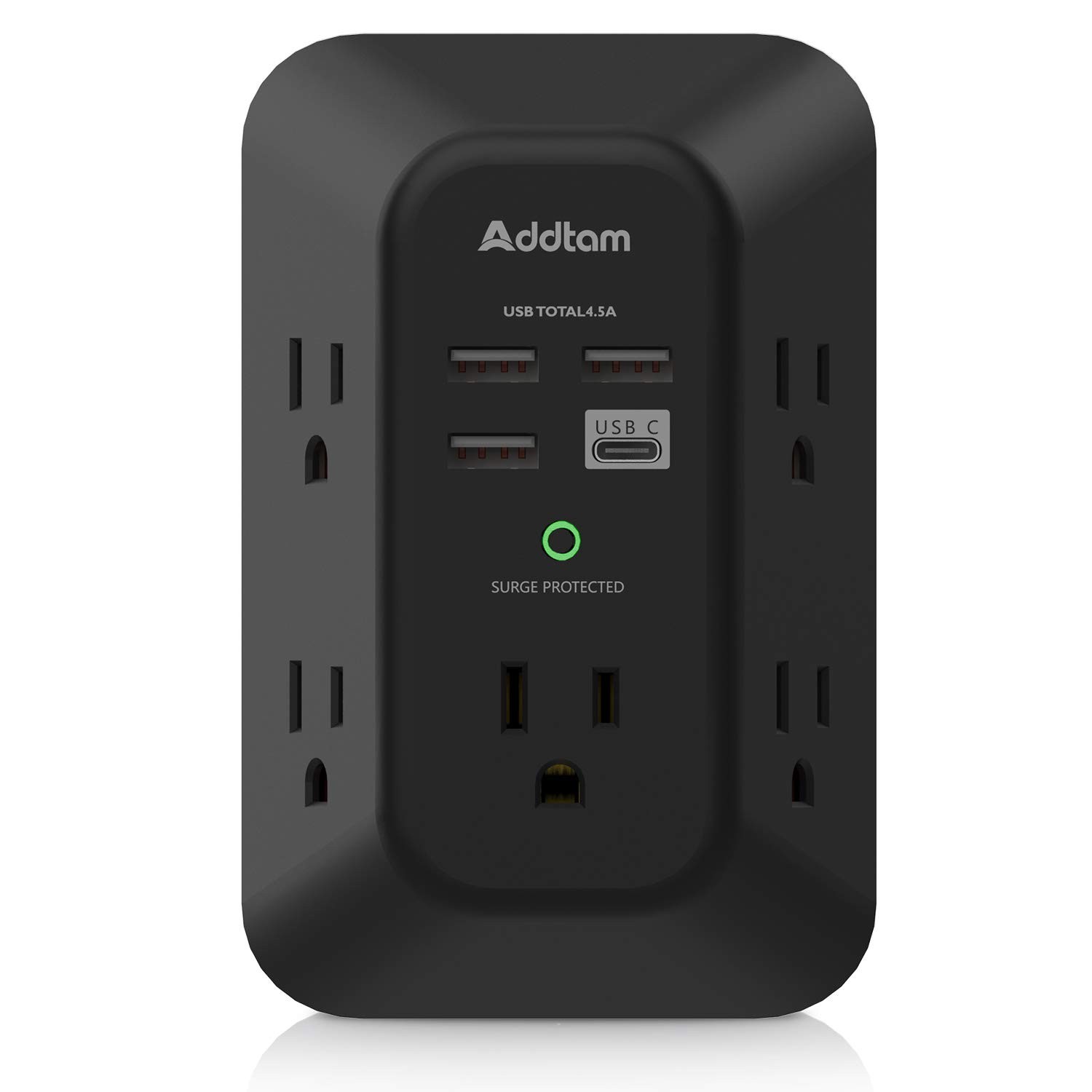 USB Wall Charger Surge Protector - Addtam 5 Outlet Extender with 4 Black