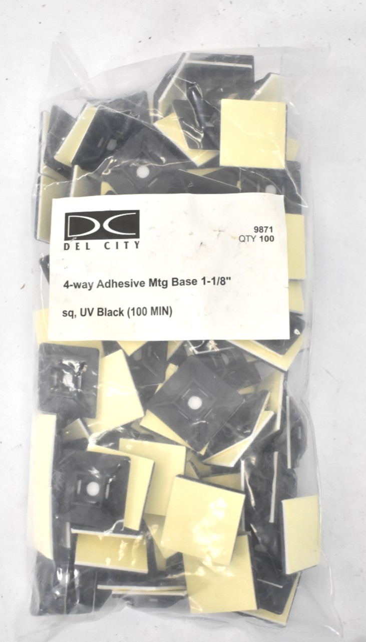 Lot of 100 Del City 4 Way Adhesive Mounting Bases 1-1/8" UV Black Plastic Clip