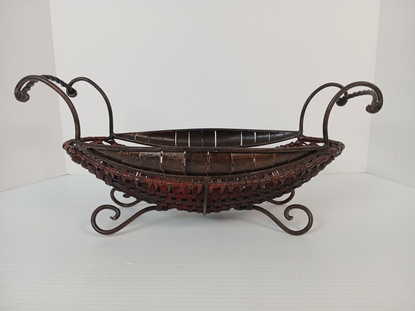 Woven Rattan and Metal Footed Oval Basket  w/Handles 16.5" x 8" x 7.25"