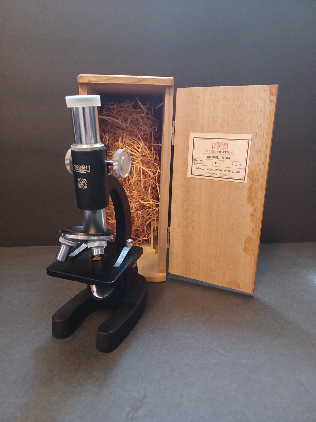 Vintage Nikken Student Microscope With Original Wooden Box And Slides