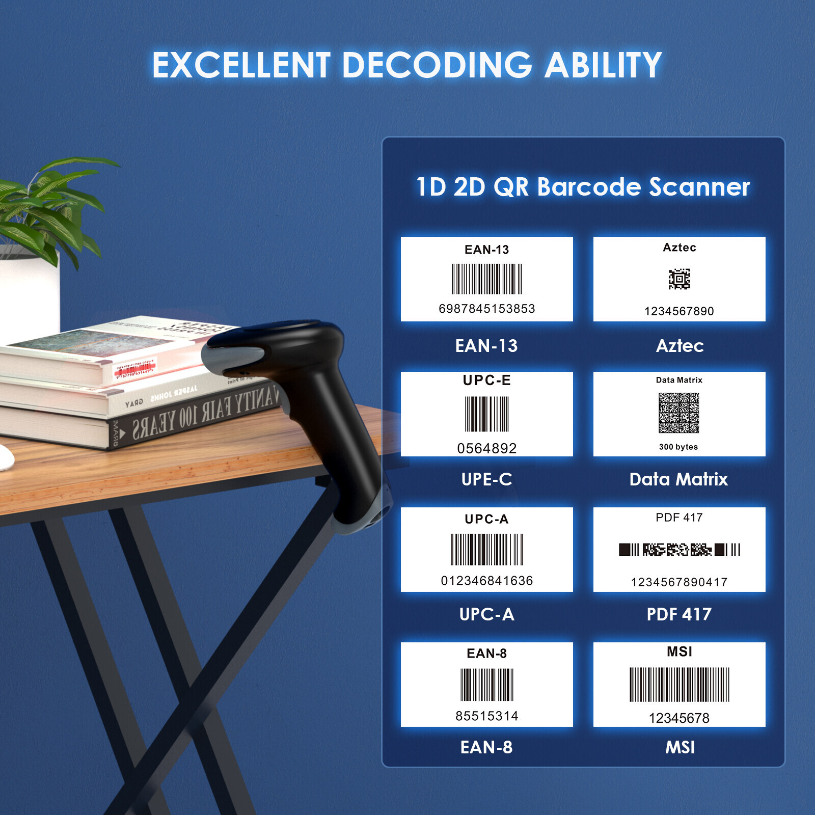 Eyoyo 1D 2D QR Code Wireless Barcode Scanner Library Warehouse Inventory Scanner