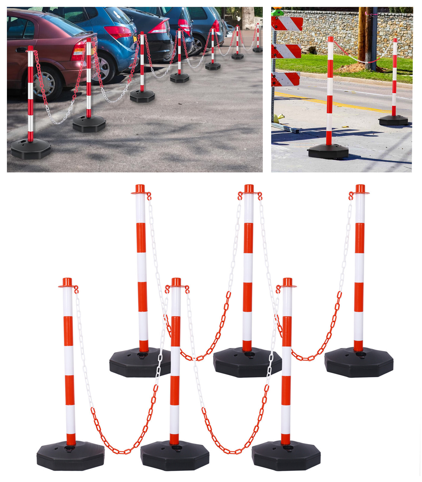 6×Traffic Safety Barrier with 5FT Plastic Chain Delineator Cones Safety Barrier