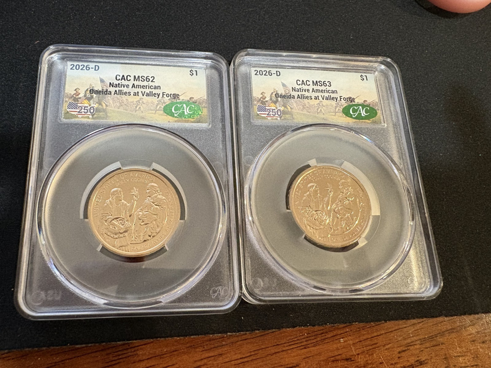 (2)2026 D Native American Dollar $1Oneida Allies at Valley Forge MS62 & MS63 CAC