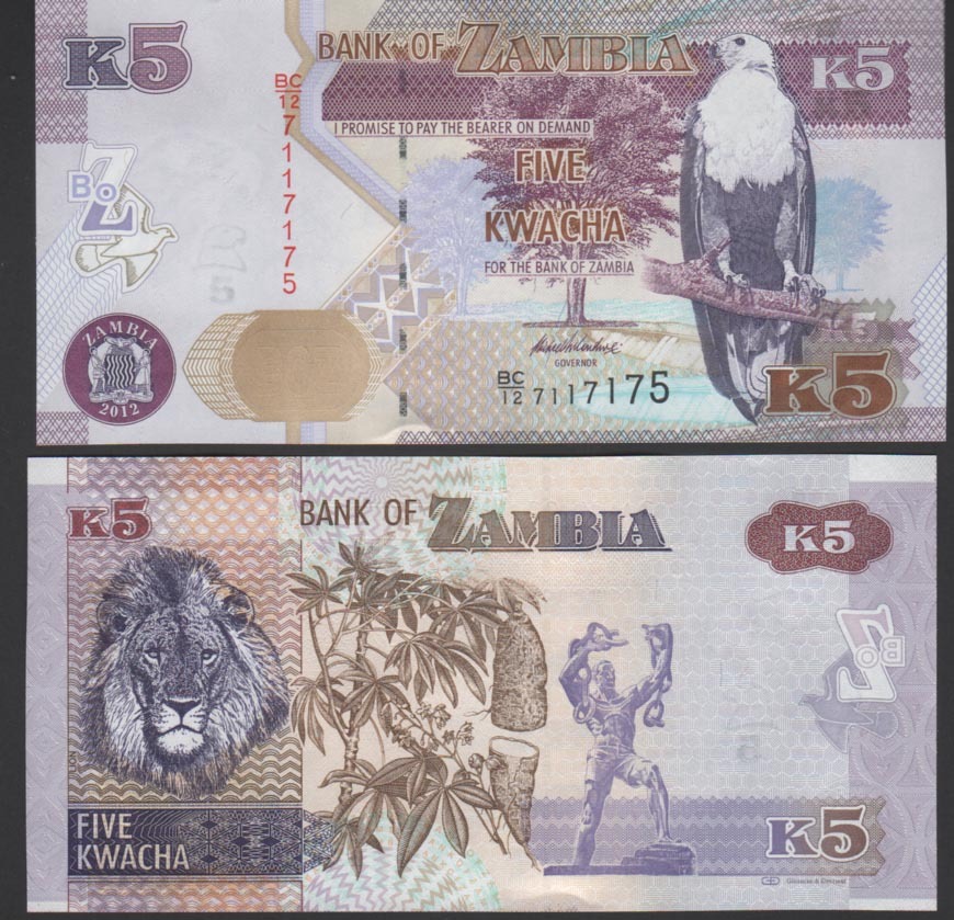 Zambia 5 Kwacha, 2012,  Mint Unc, Pick 50a