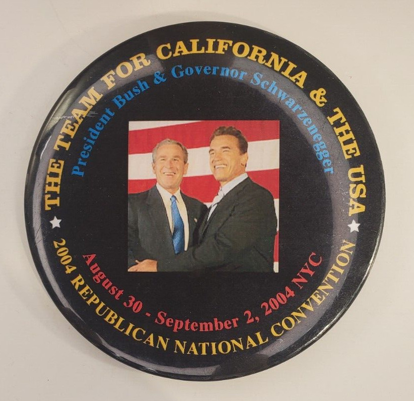 2004 Republican National Convention Political Pinback Button Schwarzenegger Bush