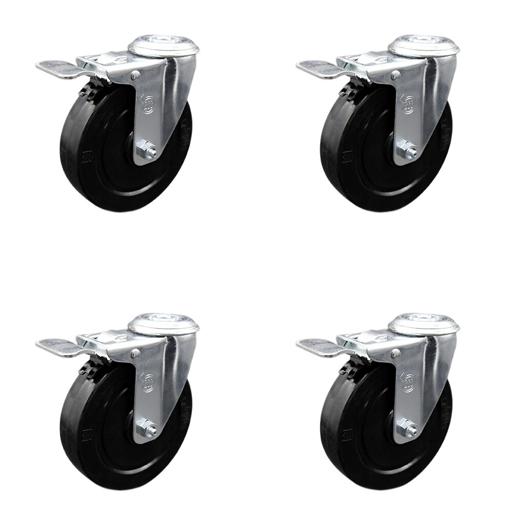 5 Inch SS Soft Rubber Swivel Bolt Hole Caster Set with Total Lock Brake SCC