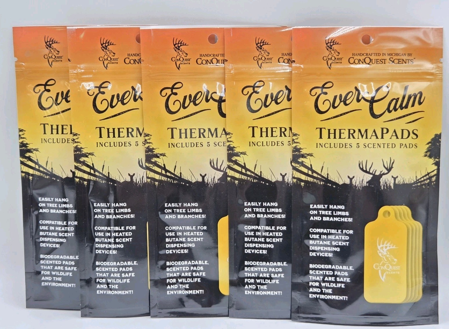 Lot Of 5 Packs Of 5-Count Conquest Scents Therma Pads Ever Calm Deer Herd Scent