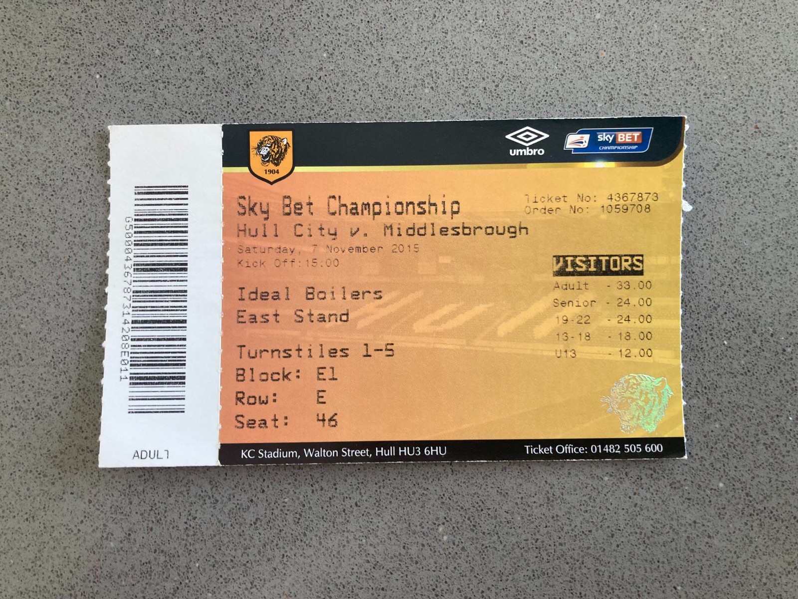 Hull City v Middlesbrough 2015-16 Match Ticket
