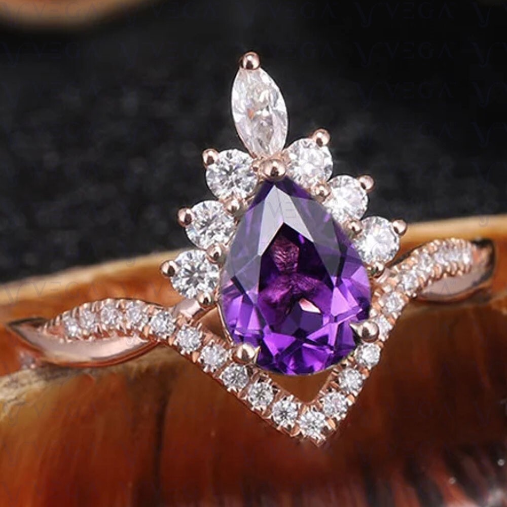 4.71Carat Pear Cut Natural Amethyst & Diamond Wedding Ring 18K Rose Gold Plated