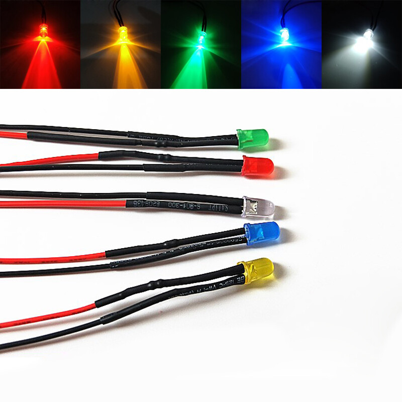 3mm Pre-Wired Ultra Bright LEDs Bulb 3V 12V~ 220V White/Red/Green/Blue/Yellow