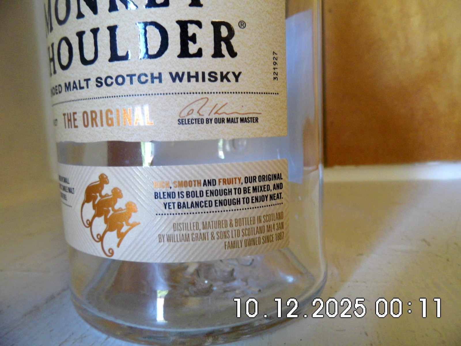 Monkey Shoulder Blended Malt Scotch Whiskey Bottle Empty 750 ML Scotland
