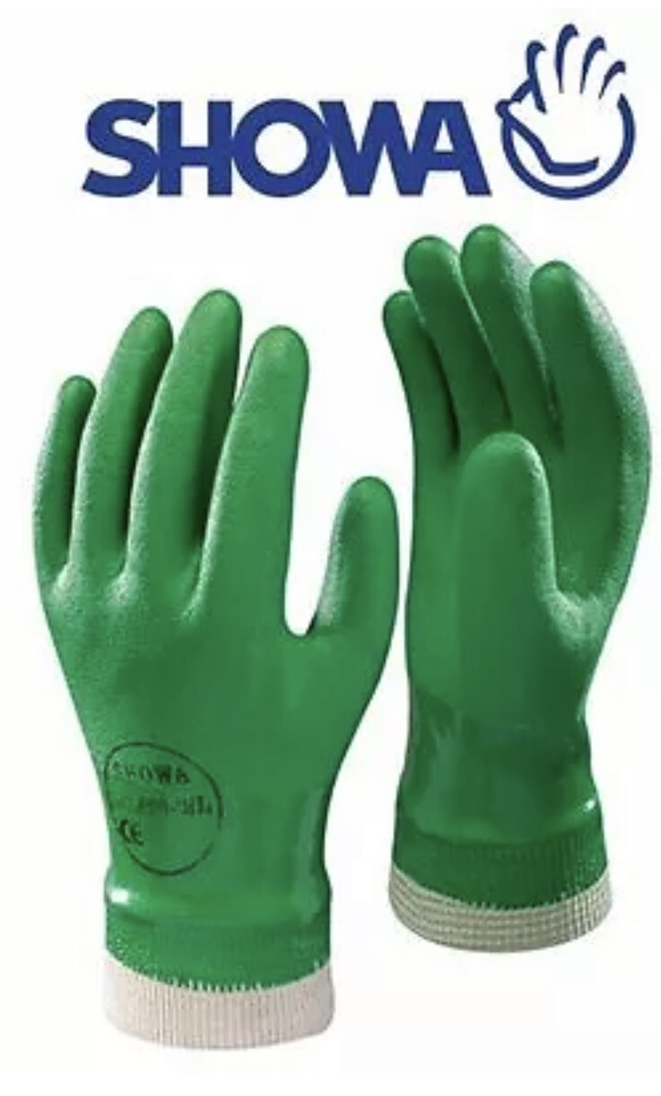 12 Pairs Showa 600 8/M Atlas 600 Dipped PVC Work Gloves, Medium, Green Coated