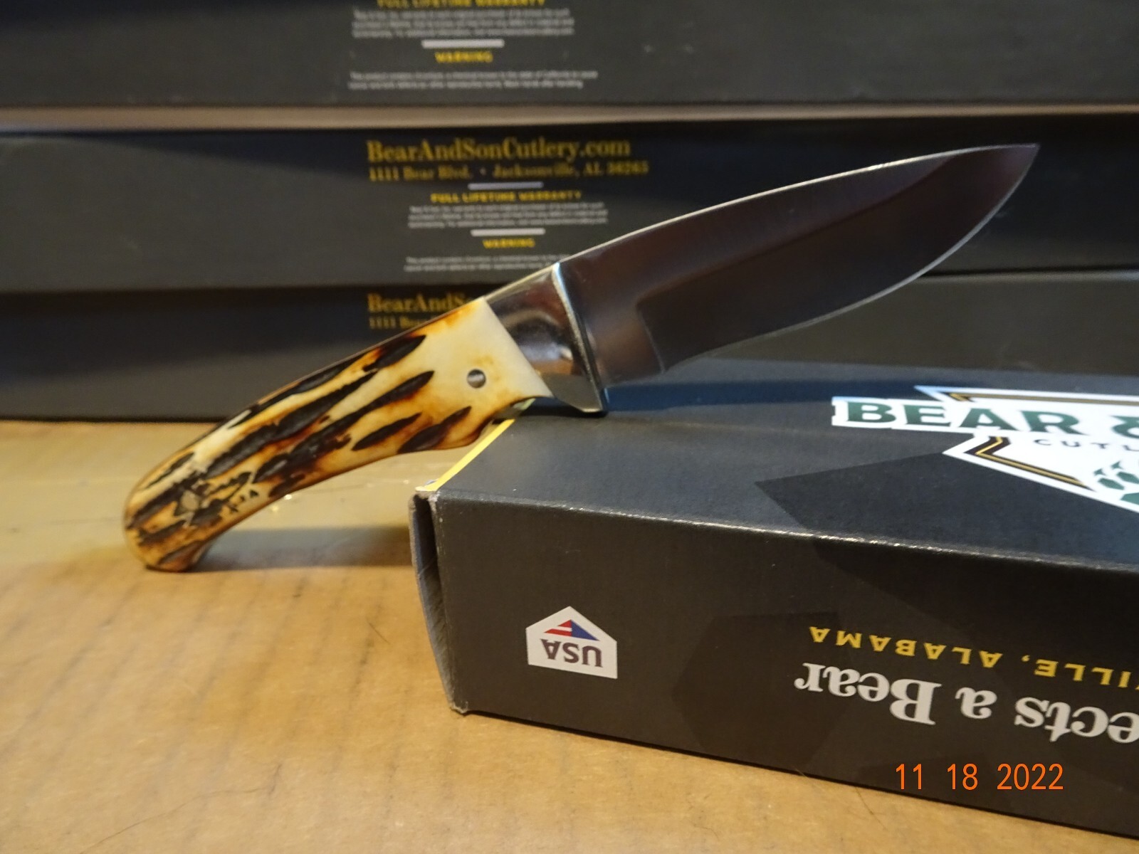 BEAR & SONS CUTLERY 7" DROP POINT HUNTER INDIA STAG BONE HANDLE LEA SH MADE USA