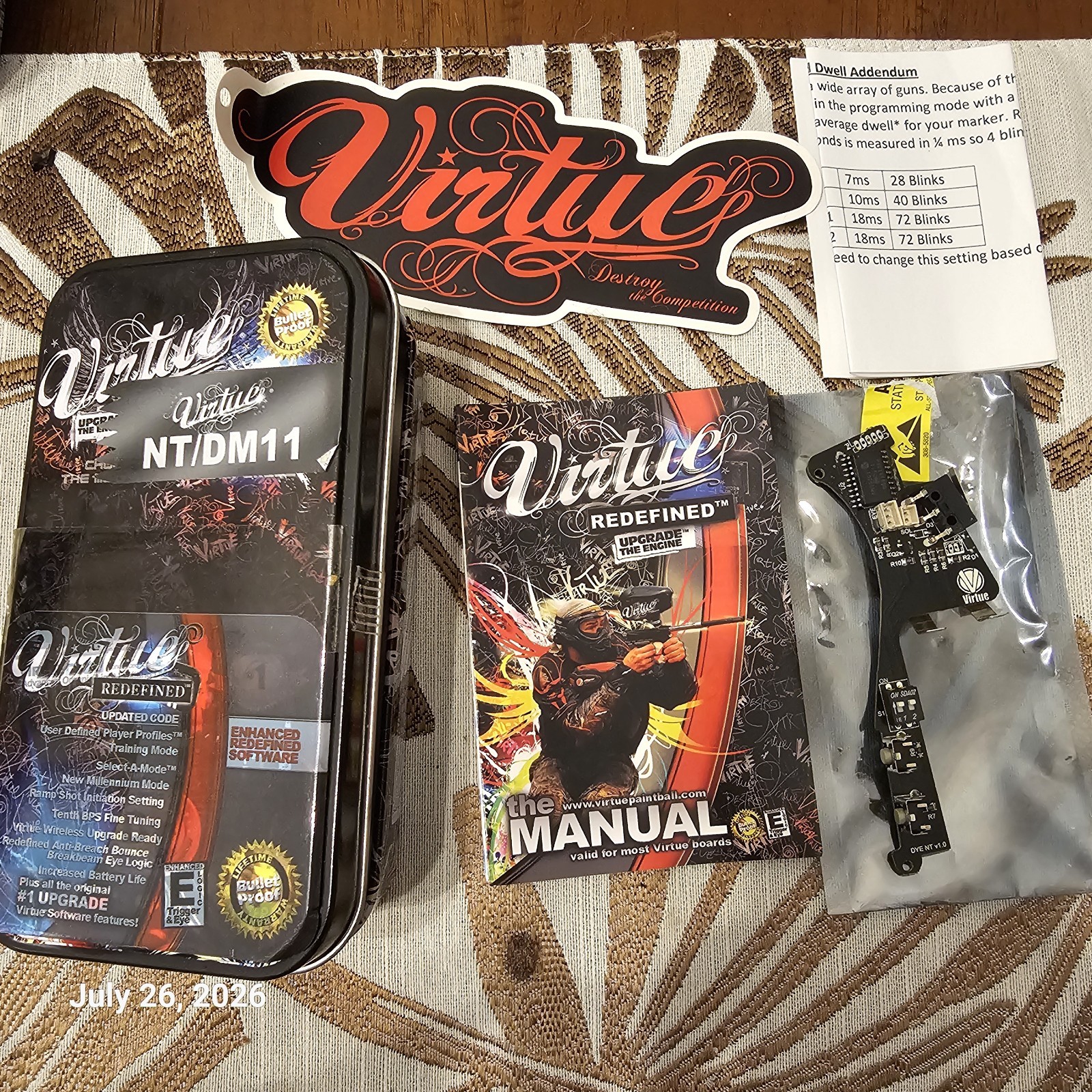 VIRTUE REDEFINED BOARD DYE NT10 NT11 DM11 DM12 DM13 PAINTBALL MARKER 10.2 BPS