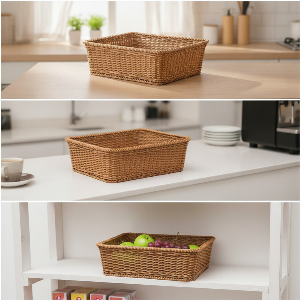 Handwoven Imitation Rattan Plastic Wicker Display Basket for Fruit & Vegetable