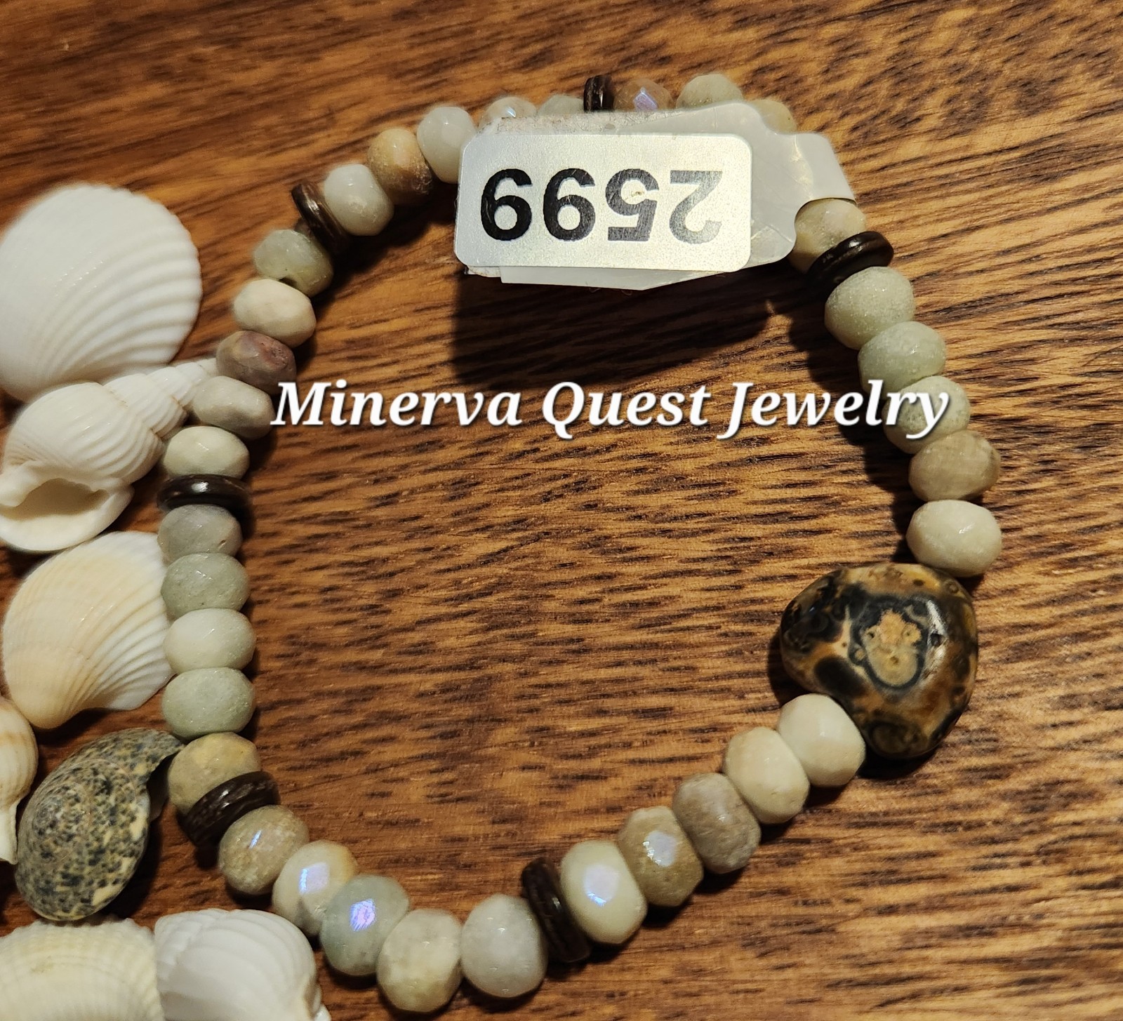 Handmade Artisan Amazonite Coconut Leopard Jasper Heart Bracelet #2599