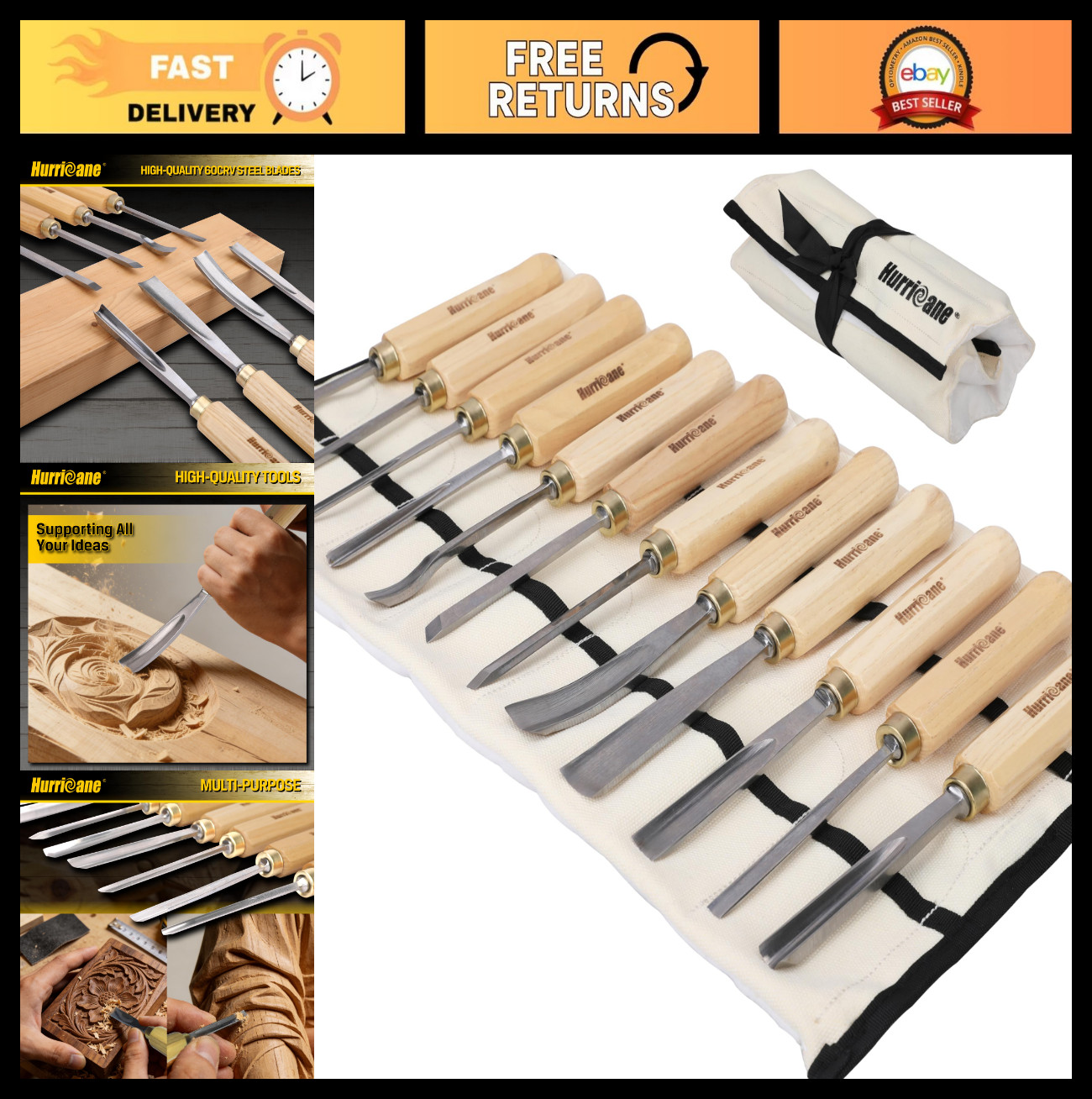 12-Piece Wood Carving Tools Set - Professional Chisels with 60CRV Steel Blades,