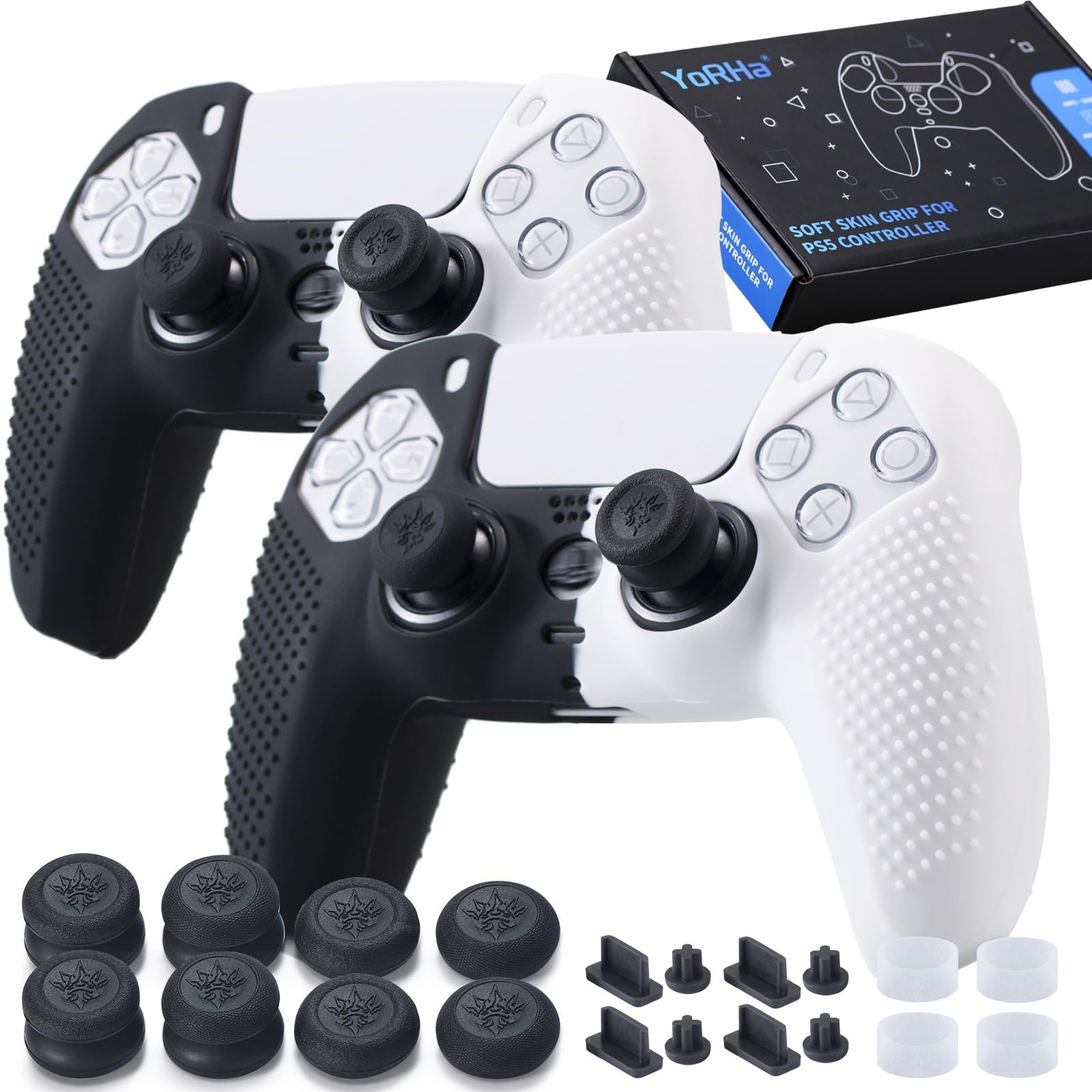 YoRHa Silicone Skins Cover for PS5 Controller x 2(Black+White) with Thumb Gri...