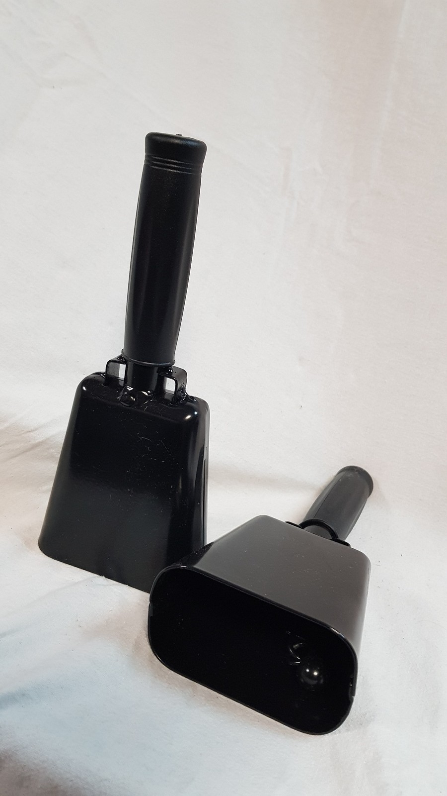 Set of 2x Black Metal Cowbells with Rubber Handle, 20cm Long
