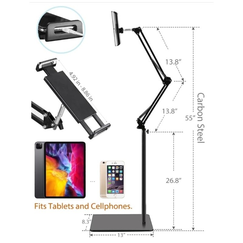 Tablet Floor Stand Overhead Bed Mount for iPad iPhone Kindle Adjustable Arm