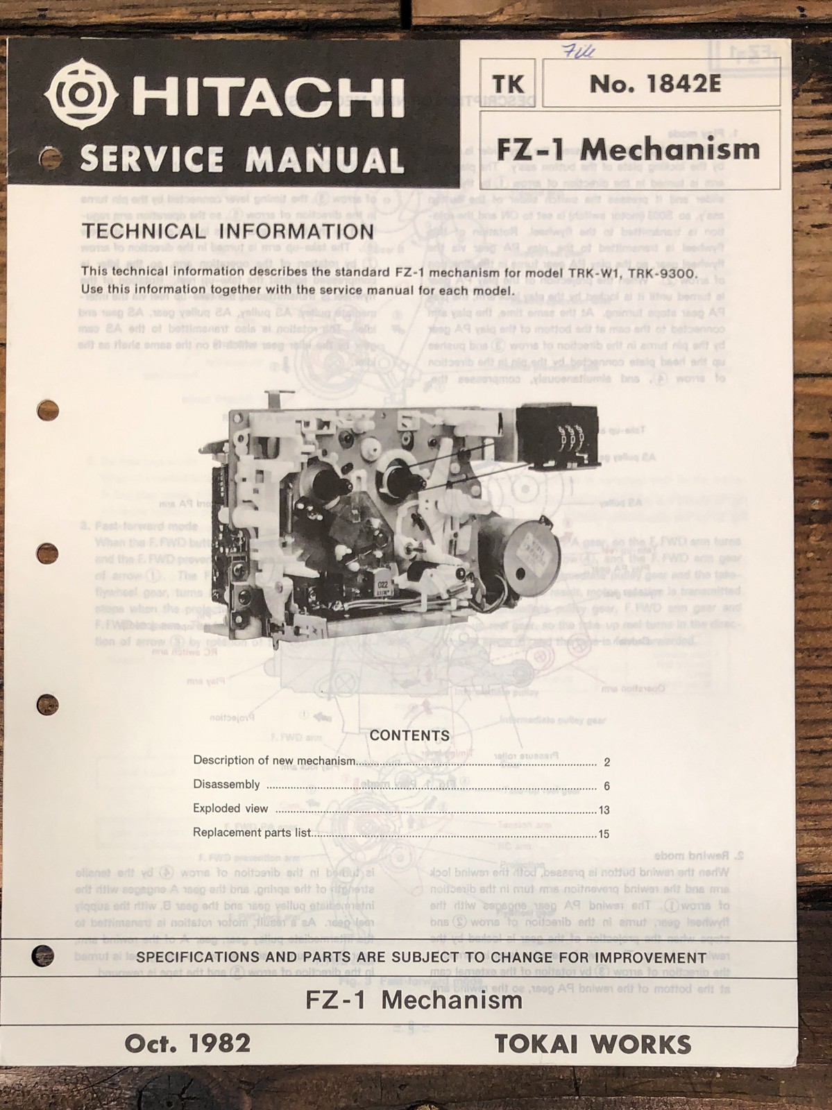Hitachi FZ-1 Mechanism Service Manual *Original*