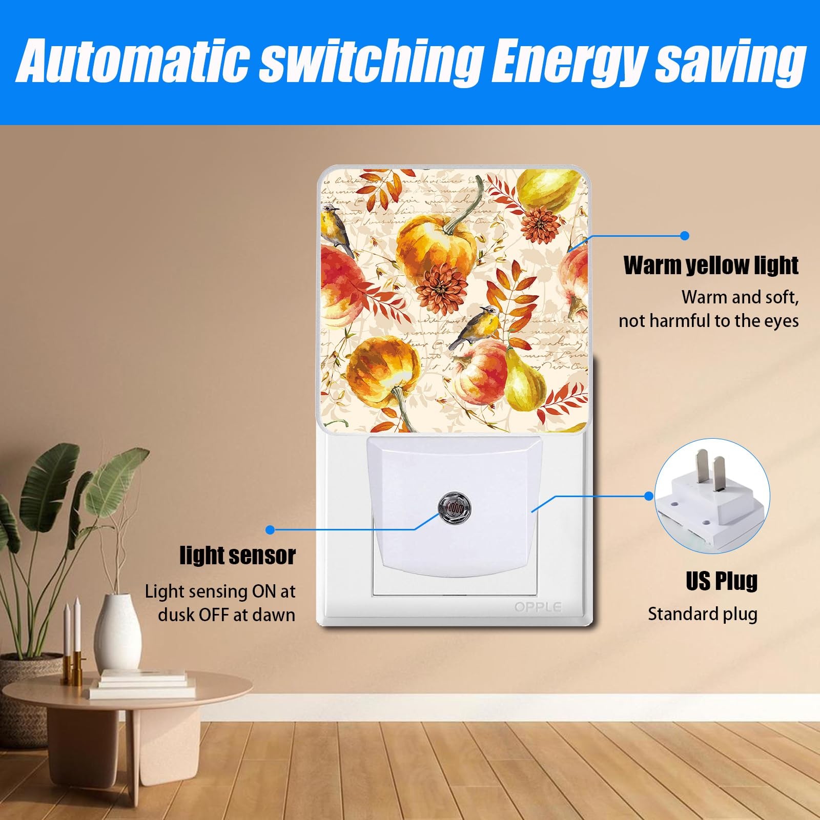 Autumn Pumpkins Night Light Thanksgiving Fall Plug In LED Auto Sensor