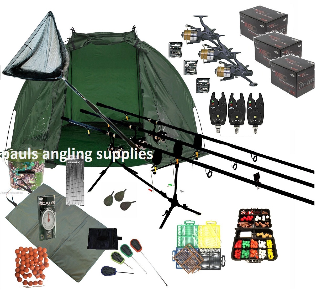 ASL 3 Rod Carp Set Up Kit Fishing Reels Alarms Bait Tackle Mat Shelter Net