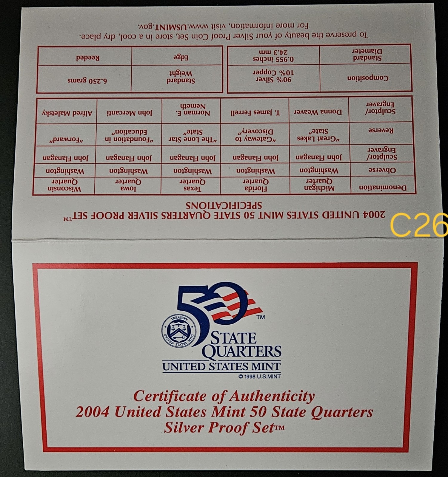Silver Uncirculated Proof Set, 2004 US Mint State Quarters, Perfect Condition