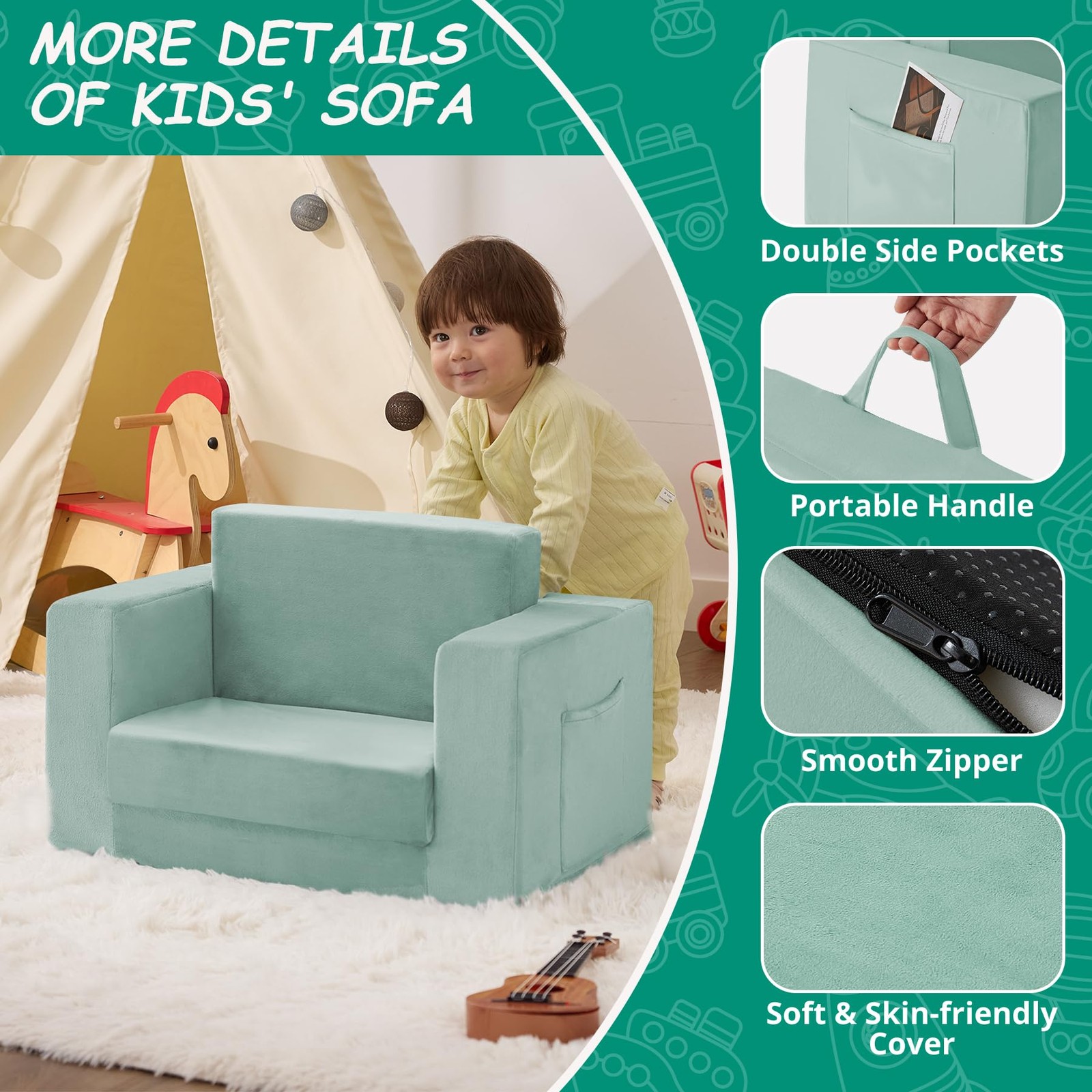 Kids Couch, 2-in-1 Toddler Chair Comfy 1-3 Years, Convertible Kids Chair, Tod...