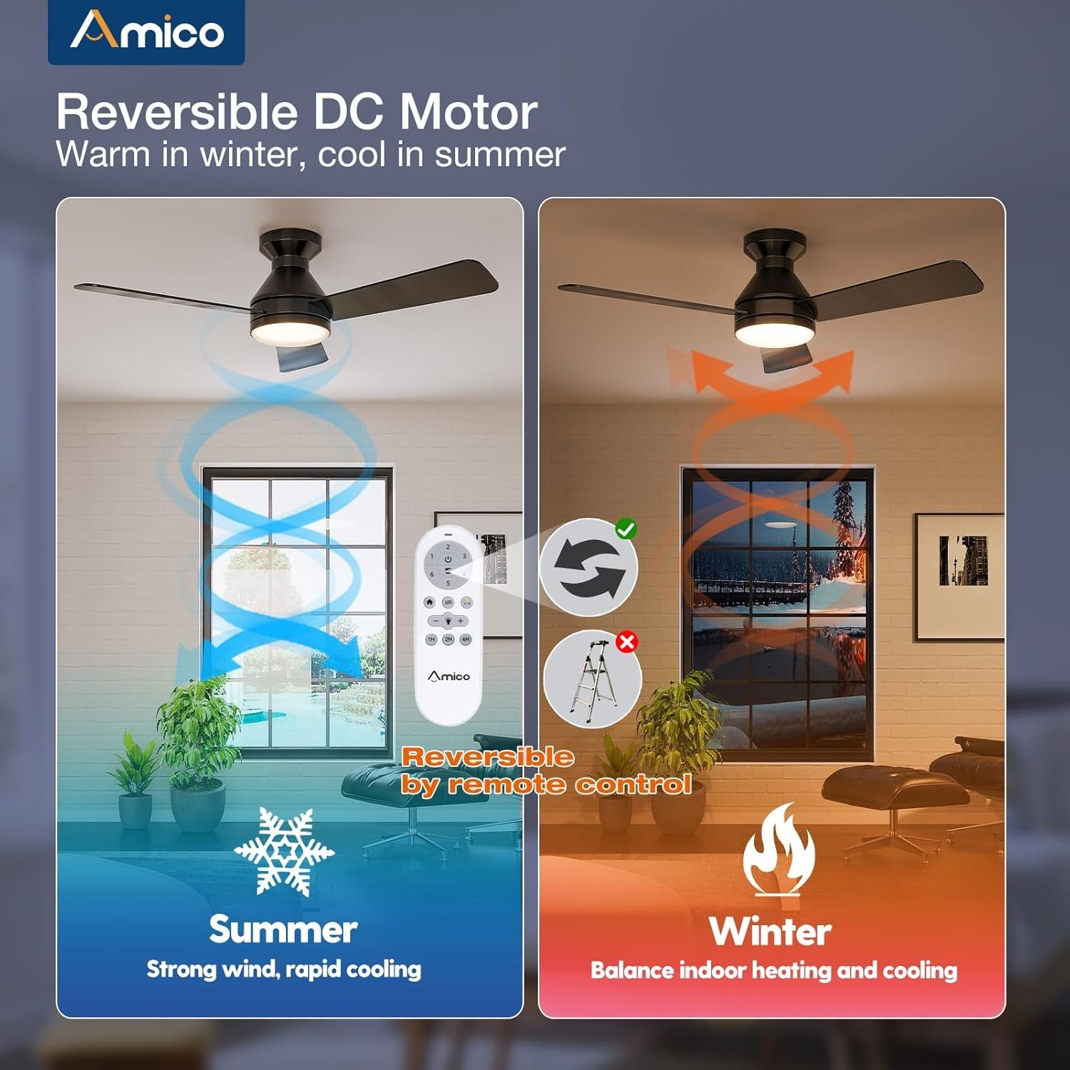 Quiet 42-Inch Reversible Ceiling Fan with LED Light & Remote - Dimmable Design