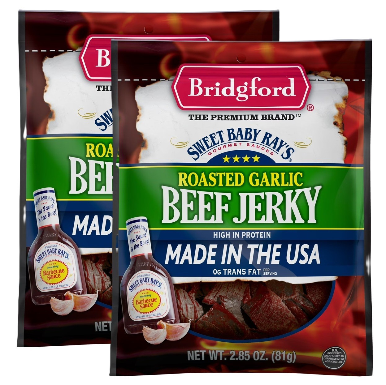 Bridgford Beef Jerky Roasted Garlic Sweet Baby Ray Meat Snack 2.85OZ 2 Bags 4/26