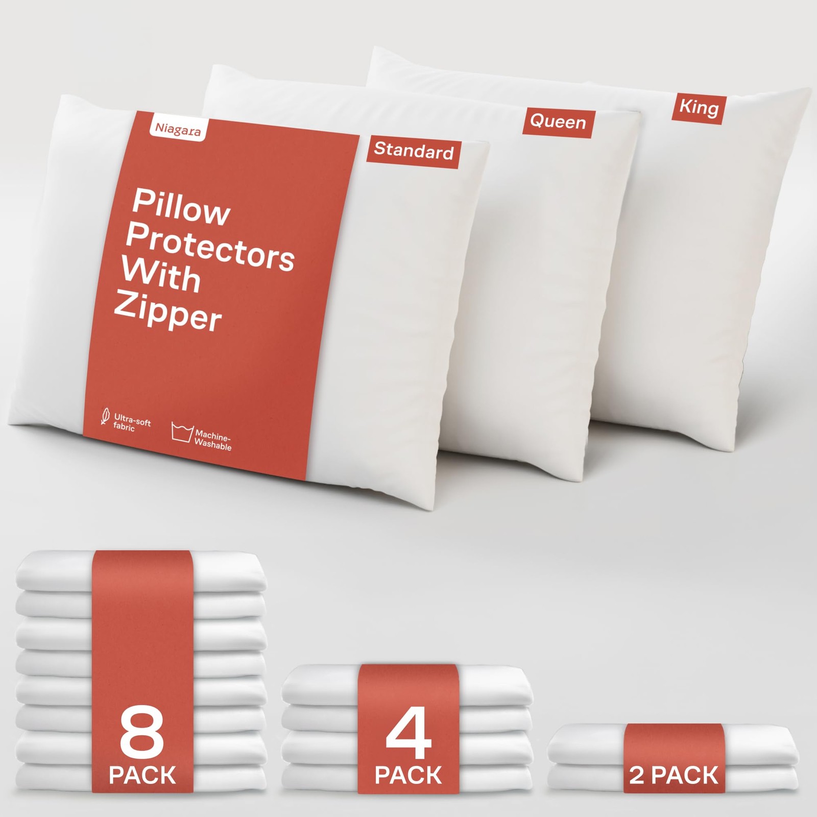 Niagara 4 Pack Standard Pillow Protectors with Zipper, Premium Cotton Sateen ...