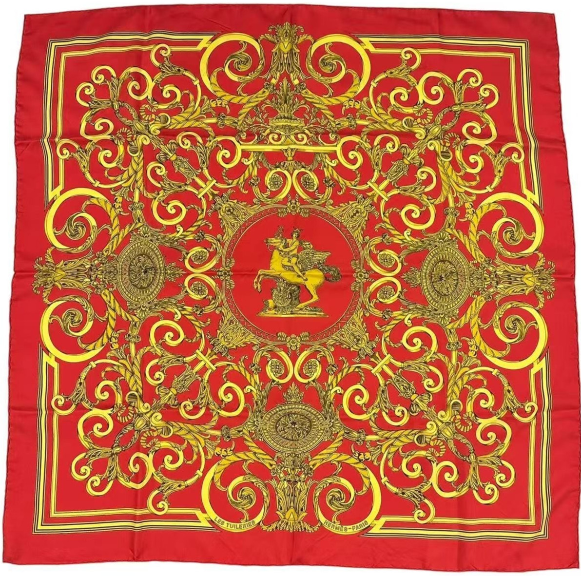 HERMES Scarf Carre 90 LES TUILERIES Red Multicolor Silk Women's Made in France
