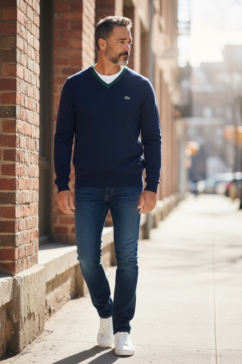 Lacoste V-Neck Cotton Spring Sweater Men'S VARIOUS SIZES NAVY