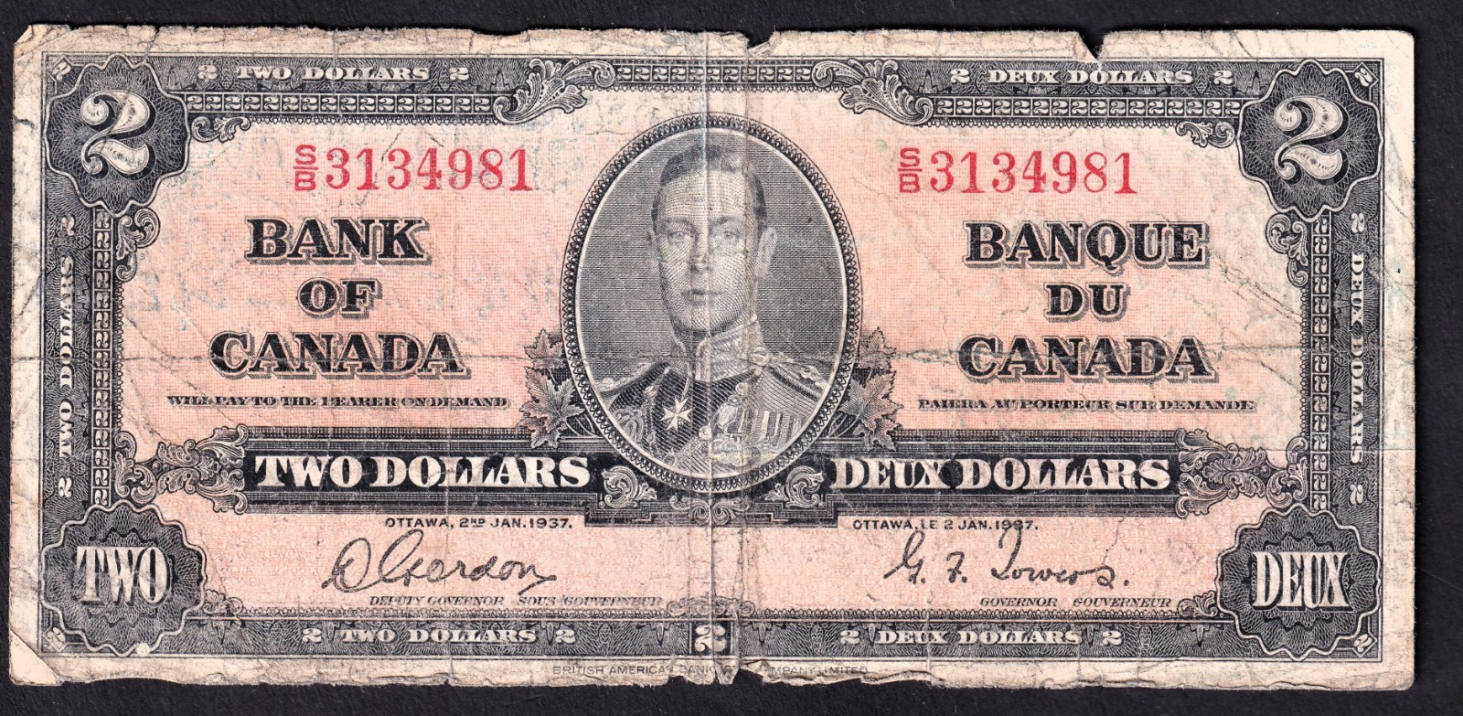Canada 1937 $2 Two Dollar Banknote Gordon - Towers S/B 3134981