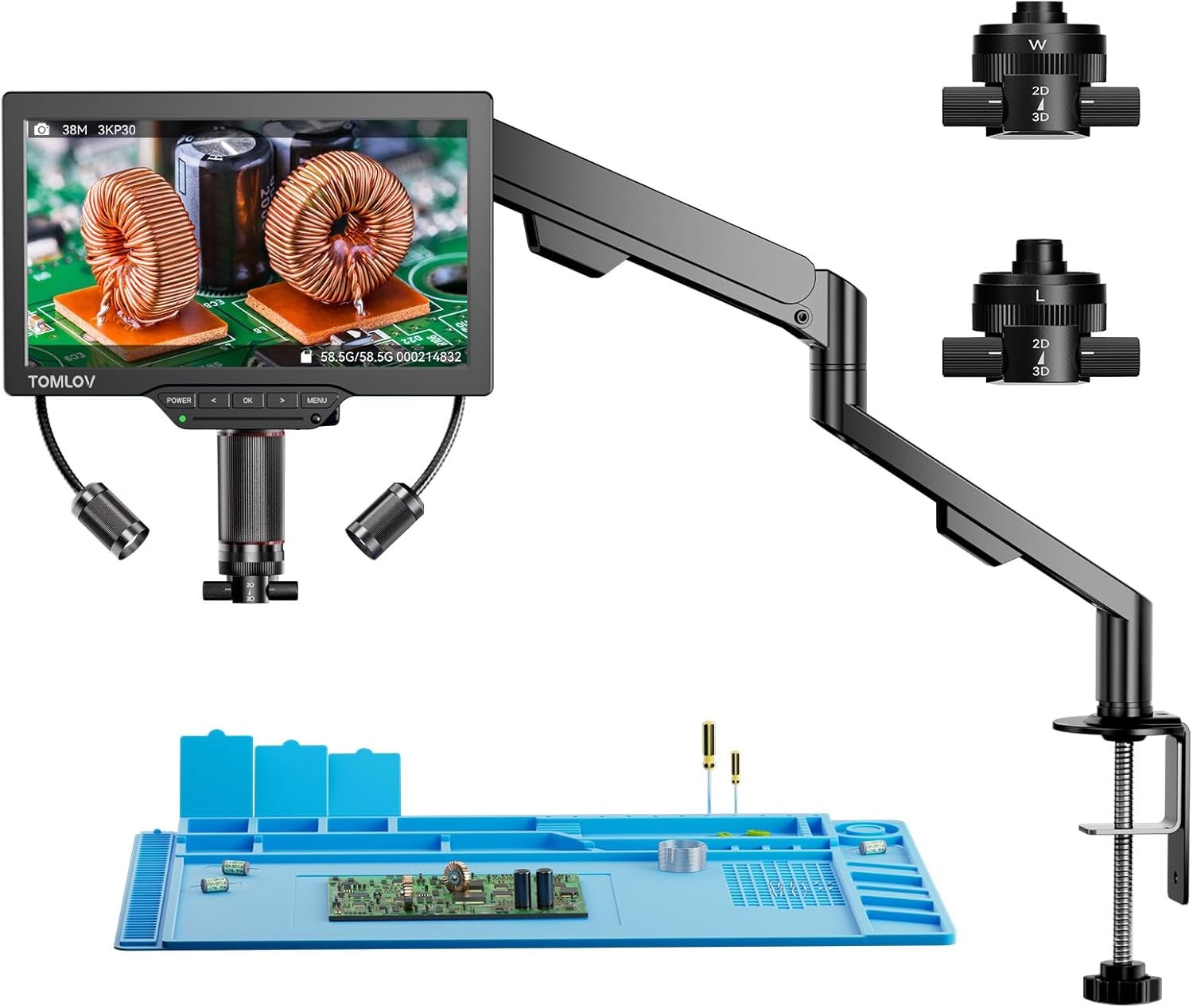 TOMLOV TM3K-3D Max Digital Microscope 2000X Coin Microscope with Flex Arm Stand