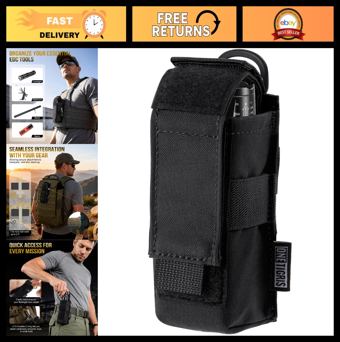 Tactical Flashlight Holster Pouch - Molle Holder for Belt, 1000D Nylon, Durable