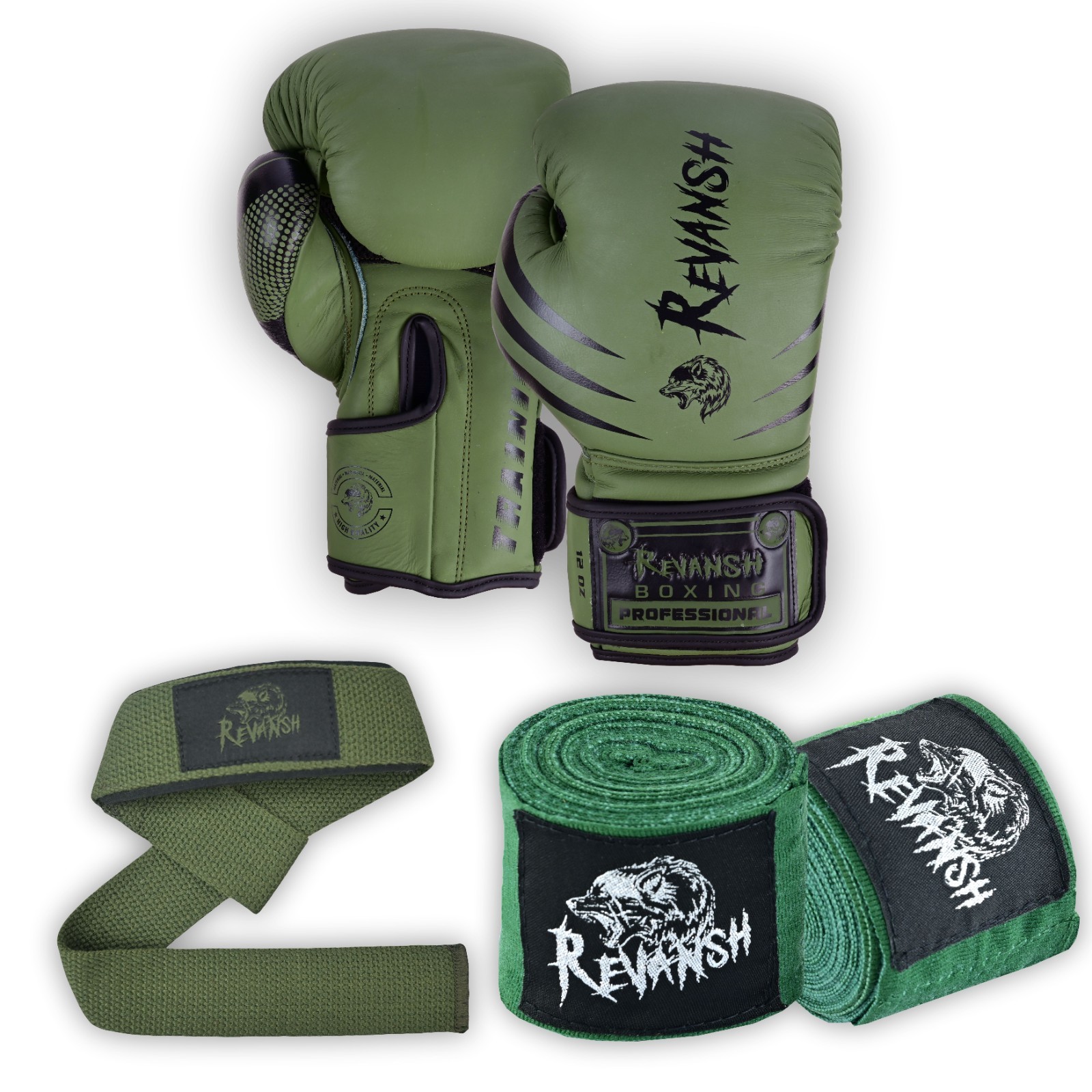 Revansh Boxing Gloves 12oz Set 180" Hand Wraps Wrist Straps MMA Training