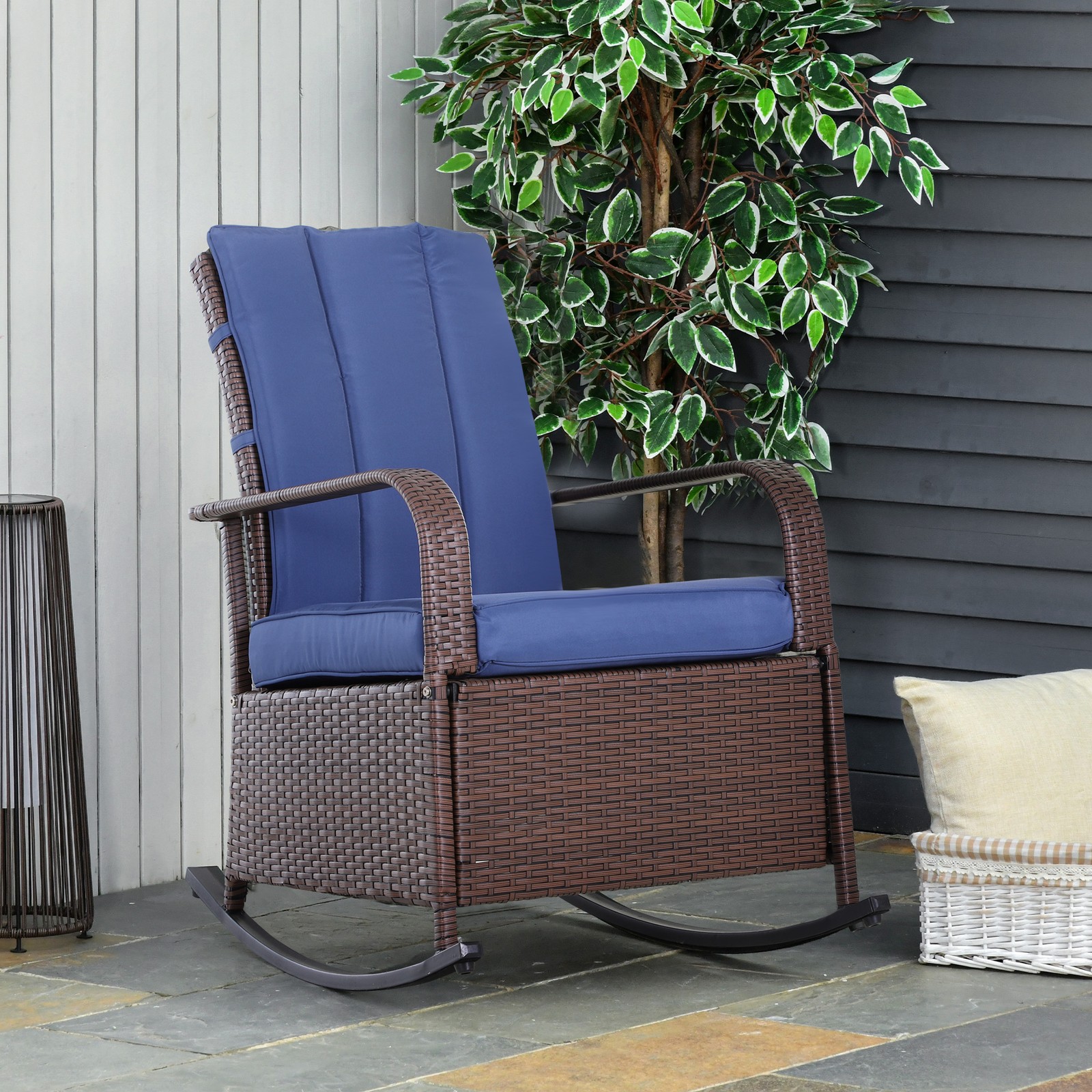 Wicker Outdoor Rocking Chair, Patio Recliner with Adjustment Backrest, PE Rattan